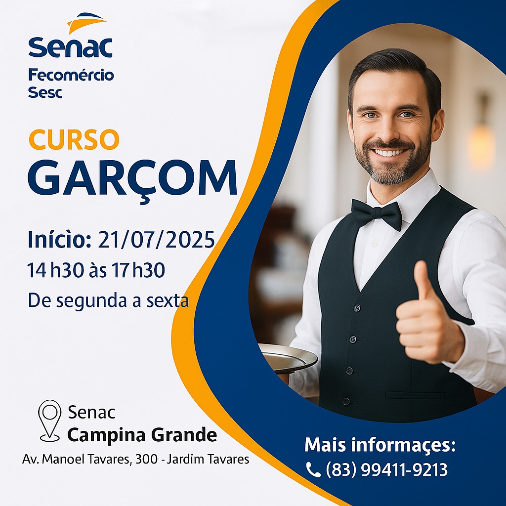 Atenção curso de Garçom grátis