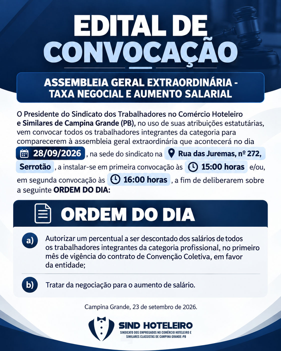 Sindicato Hoteleiro convoca trabalhadores para assembleia geral extraordinária na segunda dia 28 de setembro